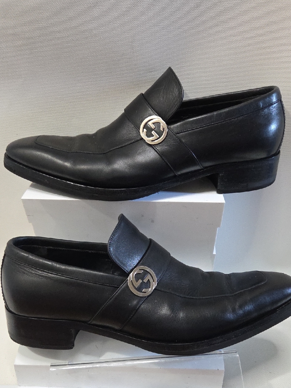 Gucci Black Leather Loafers with Silver Logo Hardware